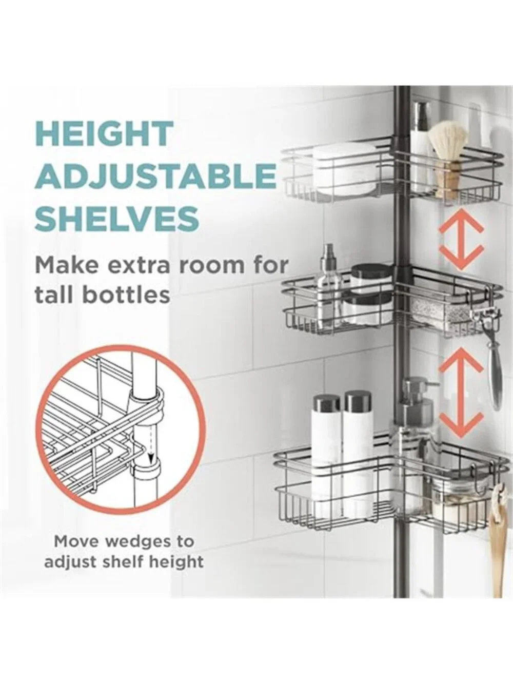 Zenna Shower Caddy Tension Pole Corner Organizer Adjustable Shelf Bathroom